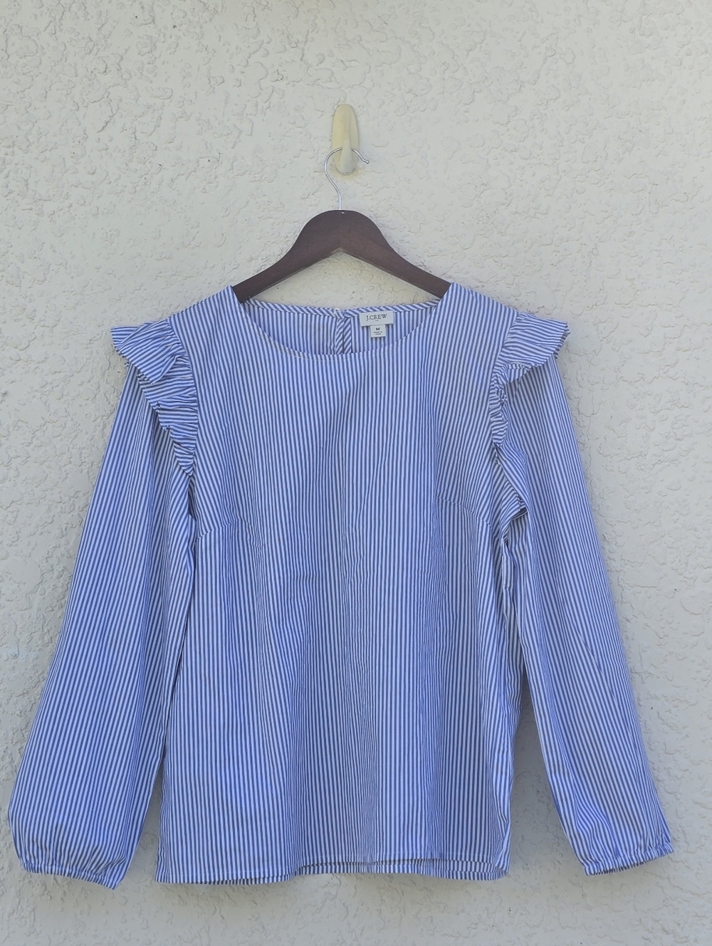 J. Crew Blue & White Striped Ruffle Shoulder Long Sleeve Blouse - Size M - Picture 4 of 12